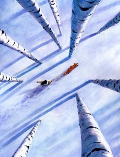 a painting of snow skiers in the middle of tall white trees with their skis down