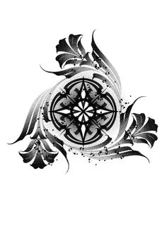 a black and white drawing of an ornamental design with leaves on the bottom half of it