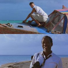 a man sitting on top of a beach next to the ocean and an image of a boat