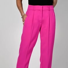 Pants Frank Lyman Collection Style #236121 Neon Berry Slim Leg Pants With A Pressed Pleat. 100% Polyester Pink Straight Pants With Welt Pockets, Pink Tapered Leg Office Pants, Pink Tapered Leg Office Bottoms, Pink Tapered Leg Dress Pants For Work, Tailored Pink Ankle Pants, Tailored Ankle-length Pink Pants, Pink Tapered Leg Workwear Pants, Pink Tapered Leg Pants For Work, Design Pants