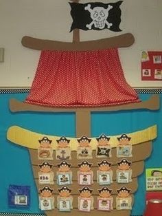 a bulletin board with a pirate's ship on it in the middle of a classroom