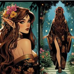 an image of a woman with long hair and flowers in her hair walking through the woods