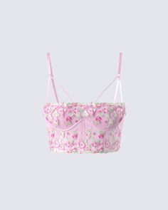 A floral corset will always give off the sweetest vibes - use it to your advantage 😊 Have them swooning left and right with this pink strappy top made from a lace fabric, and complete with underwire and corset detailing 💕 Flower Corset Top, Flower Corset, Fuzzy Skirt, Youtuber Dr, White Corset Dress, Floral Lace Skirt, Olivia Pink, Lace Bra Top, Cute Pjs