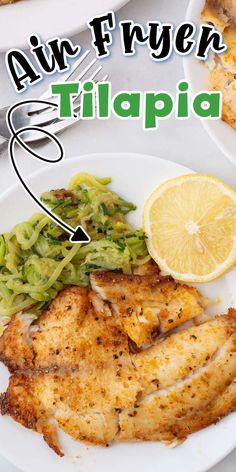 an air fryer recipe with chicken, zucchini noodles and lemon wedges