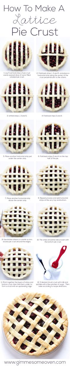 the instructions for how to make a latticed pie crust, with pictures and text below