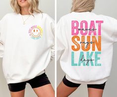 Boat Waves Sun Rays Lake Days Sweatshirt Gift for Friends Lake Life Sweatshirt Holiday Gifts Sweatshirt Adventure Camping Shirt Retro Summer Boat Sweatshirt Summer Life Sweatshirts for Women Lake Girl Summer Clothing Women 🌟 Step into the vibrant world of HandmadeColections 🌟 🌟PRODUCT DETAILS🌟 We use DTF (Direct to Film) printing as our printing technique. Indulge in our meticulously crafted sweatshirts and hoodies, where every detail is carefully considered and double-needle stitching ensur White Long Sleeve T-shirt For Beach Season, White Long Sleeve Sweatshirt For Beach Season, Trendy White Summer Sweatshirt, Trendy White Sweatshirt For Summer, White Letter Print Sweatshirt For Beach Season, White Sweatshirt For Beach Leisure, White Sweatshirt For Beach Season Leisure, White Leisure Sweatshirt For Beach Season, White Letter Print Sweatshirt For Vacation