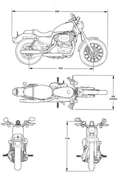 an image of a motorcycle with measurements for the front and rear wheel, side view