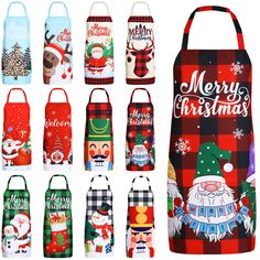 christmas kitchen aprons with santa claus and snowman designs on them, all in different colors