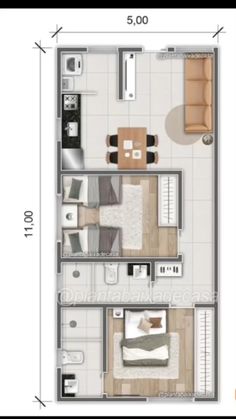 the floor plan for a small apartment with two beds and one living room in it