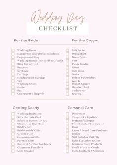 the wedding checklist is shown in pink