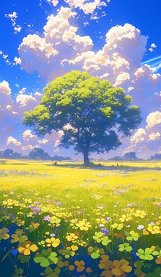 a painting of a tree in the middle of a field full of flowers and clouds