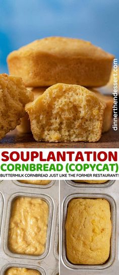 four different pictures of cupcakes in muffin tins with the words, souplantation cornbread copycat