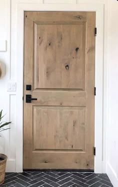 a wooden door sitting next to a potted plant