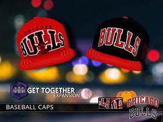 two baseball caps with the words bulls and get together extension on them in front of a cityscape at night