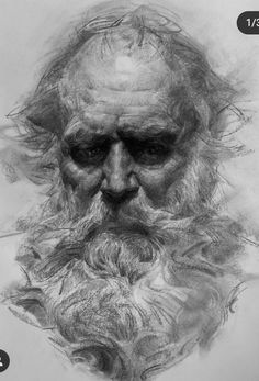 a drawing of an old man with long hair and beard