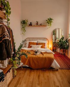 a bed sitting in a bedroom next to a mirror and potted plant on a shelf