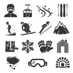 various ski and snowboard related icons in black and white stockvectors for skiing