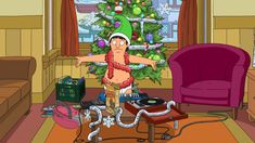 a cartoon character standing in front of a christmas tree with his hands out to the side