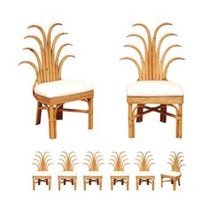 a set of six chairs with white cushions and palm leaves on the backrests