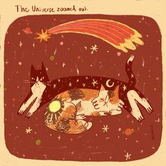 an illustration of a cat sleeping on the ground with wings above it and stars in the sky