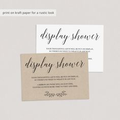 two different types of wedding cards with the words display shower printed on them