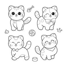 four cats with different expressions and shapes