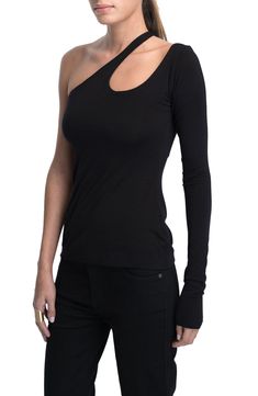 This close-fitting top is designed in a sleek shoulder-baring silhouette with an edgy neckline cutout. One-shoulder neck Single long sleeve 96% Tencel® lyocell, 4% elastane Tencel lyocell is a more-sustainably produced fiber made with closed-loop processing Machine wash, line dry Imported Black One-shoulder Elastane Tops, Edgy One Shoulder Top For Night Out, Modern Off-shoulder Tops For Night Out, Edgy Off-shoulder Tops For Night Out, Edgy Stretch Off-shoulder Tops, Modern Tops With Asymmetrical Neckline For Night Out, Modern Asymmetrical Neckline Top For Night Out, Fitted Cold Shoulder Tops For Evening, Black Top With Asymmetrical Neckline In Elastane