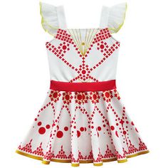 a white dress with red and yellow dots on it