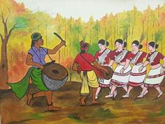 an image of a painting of people playing instruments in the woods with trees behind them