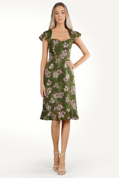 Whether it's a day party event or an evening affair, our Katie Midi Dress will ensure you stand out with effortless style. This dress features a romantic sweetheart neckline, flattering ruffle sleeves, and a keyhole open back for an elegant hint of skin. Fitted Bodice Dress With Ruffle Hem And Short Sleeves, Short Sleeve Dress With Ruffle Hem And Fitted Bodice, Sweetheart Neckline Dress With Ruffle Hem For Garden Party, Short Sleeve Dress With Fitted Bodice For Garden Party, Garden Party Dress With Fitted Bodice And Short Sleeves, Summer Midi Dress With Ruffle Hem And Sweetheart Neckline, Short Sleeve Fitted Bodice Dress For Brunch, Fitted Bodice Short Sleeve Dress For Brunch, Brunch Dresses With Fitted Bodice And Short Sleeves