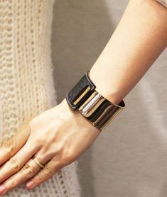 Gold Plated Brass and Contrast Stitched Leather Bracelet, Wide Leather Cuff for Women (Dark Brown, P Elegant Leather Bracelet For Party, Chic Adjustable Leather Bracelet For Parties, Gold Leather Cuff Bracelet, Elegant Leather Cuff Bracelet For Party, Elegant Black Wristlet For Gift, Elegant Formal Leather Cuff Bracelet, Party Open Cuff Bracelet, Luxury Cuff Bracelet, Trendy Black Cuff Leather Bracelet