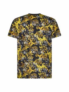 100% Cotton | Versace Jeans Couture Men's T-shirt in Black | SS23 Couture Outfits, Patterned Jeans, Yellow Shorts, Versace Jeans Couture, Versace Jeans, Sleeve Designs, Logo Print, Printed Shorts, Short Sleeve Shirt