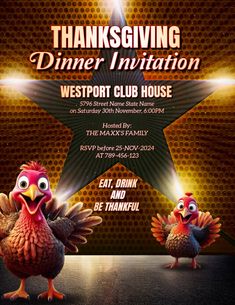 a flyer for a dinner party with two turkeys on the table and a star in the background