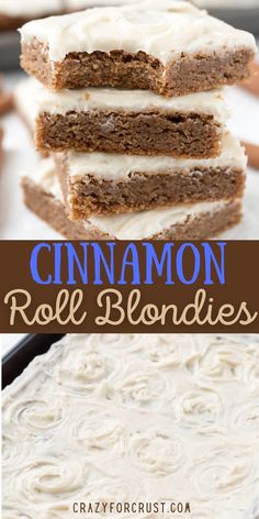 cinnamon roll blondies with cream cheese frosting are stacked on top of each other