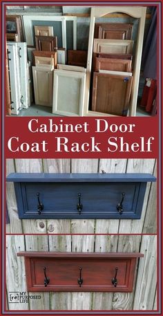 the cabinet door coat rack shelf is painted red, white and blue with black handles