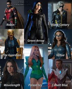 the avengers and captain america characters are in their respective costumes, from left to right black widow, green arrow, spider - man