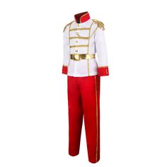 a red and white uniform with gold trims on the collar, pants and belt