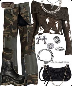 Kpop Camo Outfits, Band Outfits Stage Grunge, Corset Outfit Aesthetic Grunge, Military Core Outfits, Cropped Grunge Tops For Streetwear, Polyvore Outfits Aesthetic, Riot Grrrl Fashion, Book Dress, Grunge Fashion Soft