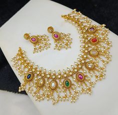 Gold plated Navratna Necklace & matching Earrings with Pearl drops| Antique Temple Jewelry| Ethnic Indian Wedding Jewelry Set|Gift for her Navratna Necklace, Indian Wedding Jewelry Sets, American Diamond Necklaces, Necklace Matching, Temple Jewelry, Bridal Jewelry Collection, Indian Wedding Jewelry, Bridal Jewellery Indian, Temple Jewellery