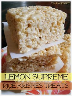 lemon supreme rice krispies treats stacked on top of each other with text overlay