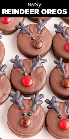 chocolate reindeer cookies on a white plate with text overlay that reads easy reindeer oreos