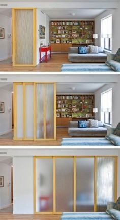 two pictures of a living room with bookshelves on the wall and sliding glass doors