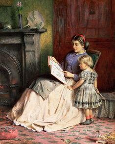 Mother and Daughter. George Goodwin Kilburne (English, 1839-1924). Kilburne was a genre painter specialising in accurately drawn interiors with figures. He favoured the watercolour medium, although he also worked in oils, pencil and - in his early career - engraving. William Adolphe Bouguereau, Bo Bartlett, How To Read People, Reading Art, Classic Paintings, Woman Reading, Girl Reading, Mother And Daughter, Mother And Child