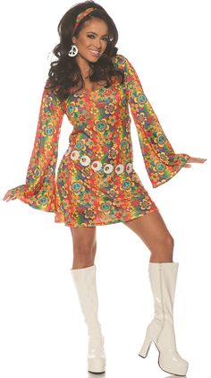 PRICES MAY VARY. This costume is a three piece ensemble including a bright colored mini dress with bell sleeve details, head scarf, and belt. This package contains costume only. Earrings and knee high boots are not included. This costume comes in Women's size Small (4-6), Medium (8-10), Large (12-14), Extra Large (14-16). Hand wash, Hang dry. Do not iron. For best results, steam to release wrinkles from packaging. This costume is ideal for stage performances, costume parties, Halloween, and any 60s Halloween Costume, 1960s Fancy Dress, Summer Costume, Hippie Costume Halloween, 60s Mini Dress, Hippie Halloween, Black Halloween Dress, Hippie Costume, Theme Halloween