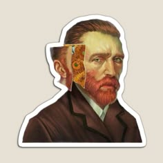 a sticker with an image of a man's face and two pieces of paper cut out of it