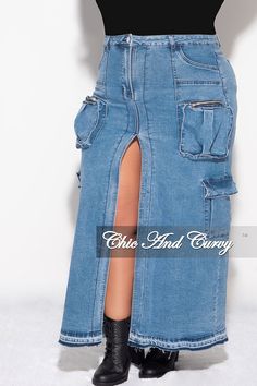 High waisted skirt Pockets Denim Zipper detail Cargo style Zipper closure Cotton% 64 Polyester% 34 Spandex% 2 Hand wash cold Model is wearing a 2X Plus Size Cargo Skirt, Plus Size Cargo, Chic And Curvy, Skirt Pockets, Cargo Style, Cargo Skirt, Zipper Detail, Black Denim, Final Sale