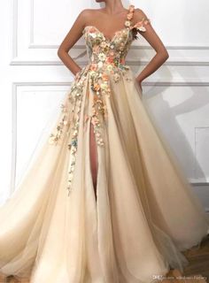 Gorgeous V Neck Champagne Long Bodycon Dress with Lace Appliques sold by KoKo Fashion on Storenvy Matoshi Gown, Teuta Matoshi, Flower Prom Dress, Split Prom Dresses, One Shoulder Prom Dress, Dress Sleeve Styles, Piece Prom Dress, Prom Dresses With Sleeves, Tulle Prom Dress