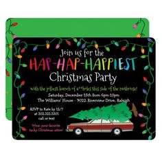 a christmas party card with a car and tree on it, in front of a black background