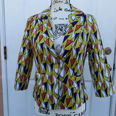 * Countess Colorful Triangle Pattern Blazer Sz Medium * Two Front Pockets * One Front Button Closure * Super Cute * Brand New Spring Multicolor Cotton Blazer, Fitted Yellow Cotton Outerwear, Fitted Multicolor Top For Workwear, Fitted Multicolor Cotton Outerwear, Yellow Long-sleeved Cotton Blazer, Multicolor Cotton Outerwear For Work, Multicolor Cotton Blazer For Fall, Fitted Cotton Retro Blazer, Retro Fitted Cotton Blazer