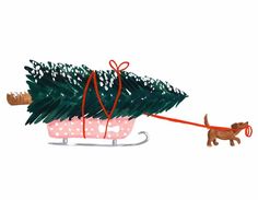 a drawing of a dog pulling a christmas tree on a sleigh with its owner